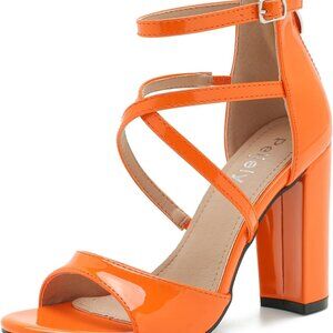 Women's Orange Patent Synthetic High Chunky Heel Ankle Strap Zip Shoes